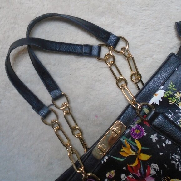 Black Floral Tote Bag in Vegan Leather, Large Purse, Dasein Copy - Picture 5 of 10